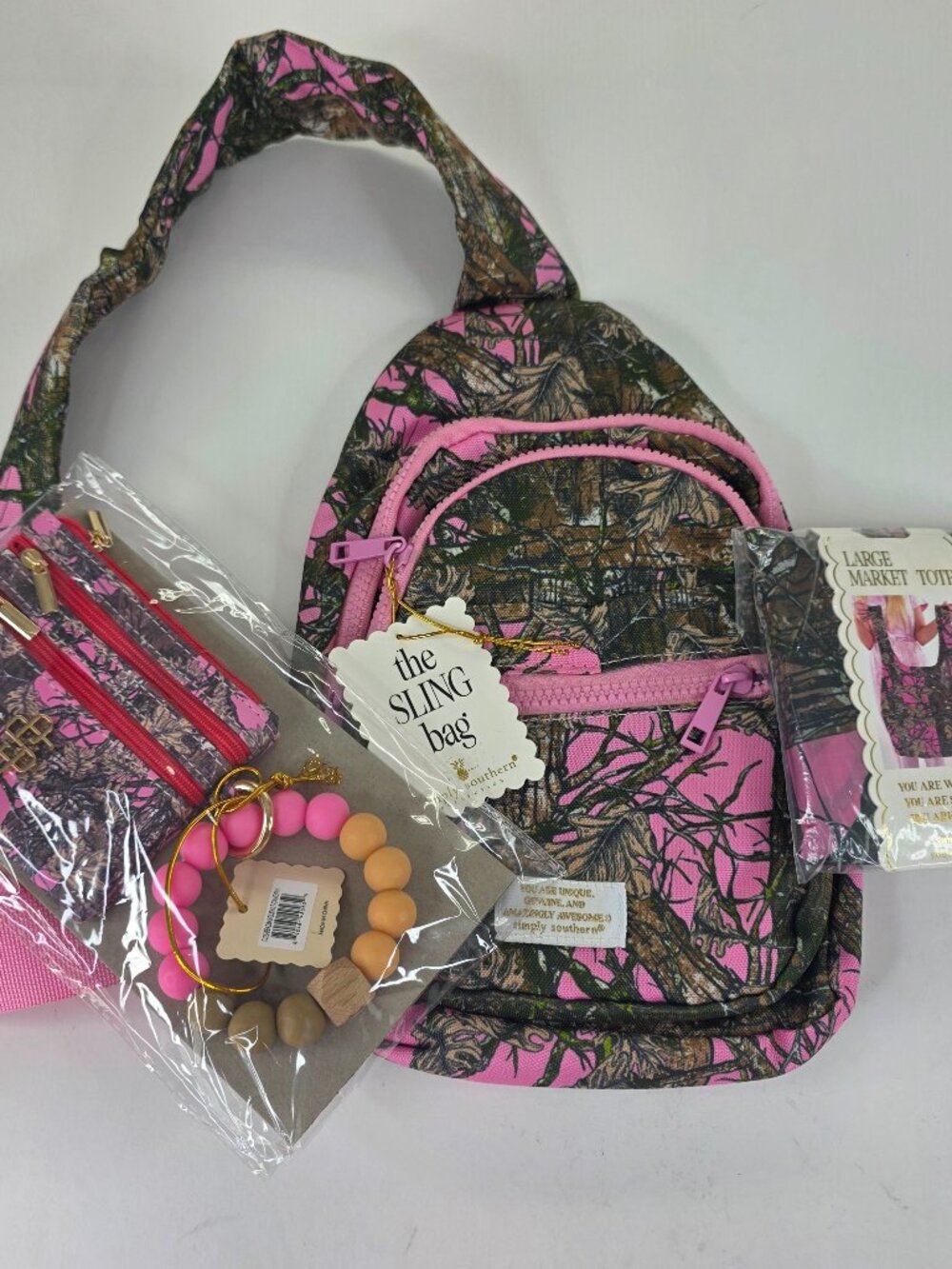 Simply Southern Pink Camo 3pc Set Sling Bag Wristlet Tote